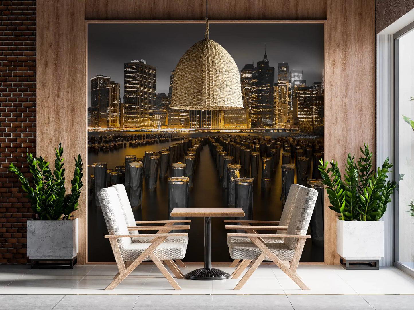 The Contrast wall mural adds nighttime metropolis energy into a dining zone