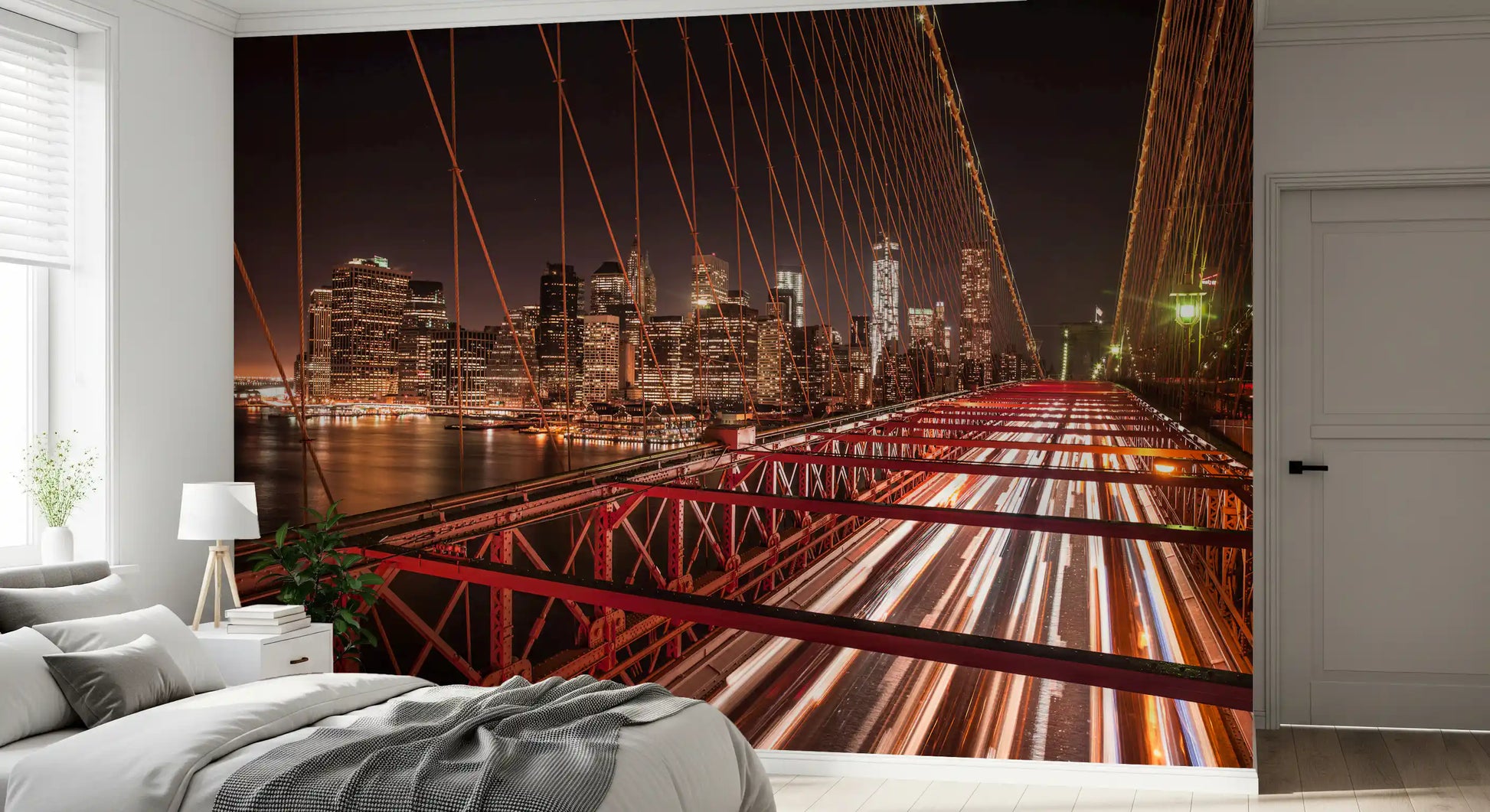 Bright traffic trails give life to a modern Bedroom  via this Bridge wall mural.