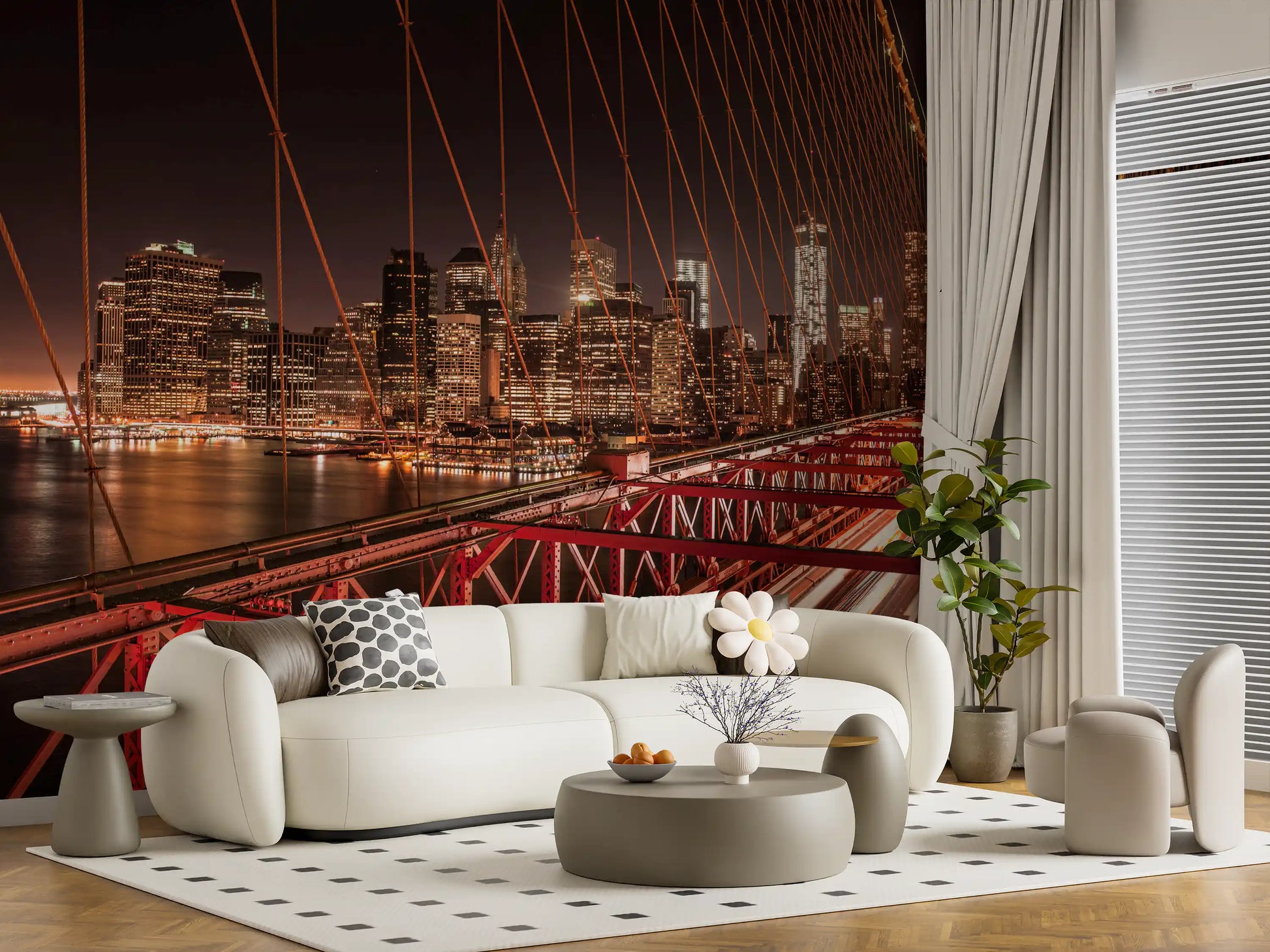 Red structural grids intersect prominently across the City wall mural.