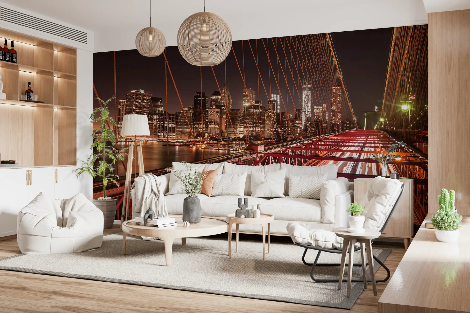 Vibrant city lights from a Pulse wall mural warm up the minimal lounge atmosphere.