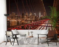 Dark architecture fills the City Pulse:Brooklyn Bridge at Night wall mural in a lounge.