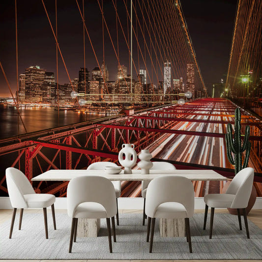 Illuminating a dining room is the City Pulse: Brooklyn Bridge at Night wall mural.