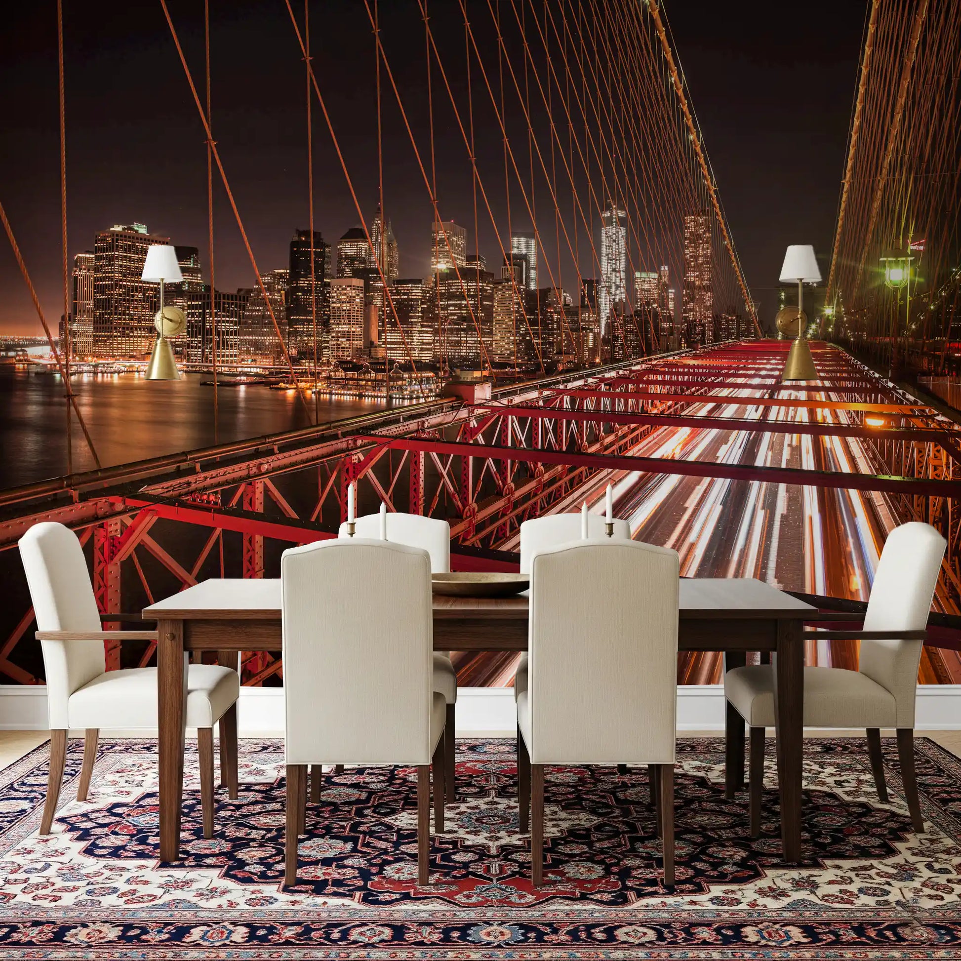 A Brooklyn wall mural creates a dramatic backdrop inside a modern Dining space.