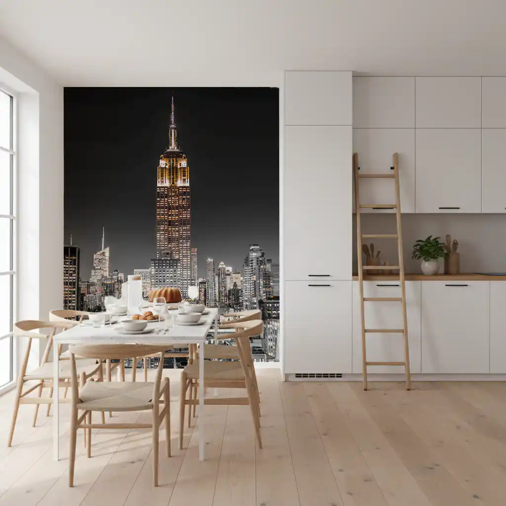 Dining room areas benefit from the imposing height of the skyscraper Glow wall mural.