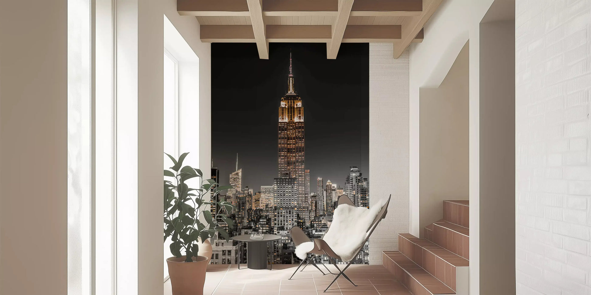 Golden spires shine in the Empire Glow NYC Night in Grayscale Gold wall mural.