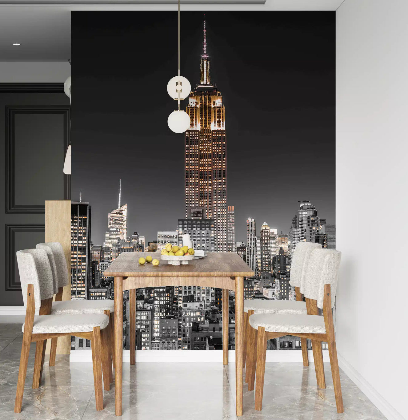 A dining room features the Empire Glow NYC Night in Grayscale Gold wall mural.