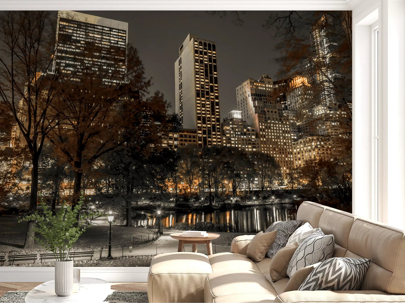 Sepia skyline drifts behind seating zones in the Urban Oasis Nights wall mural for a living room