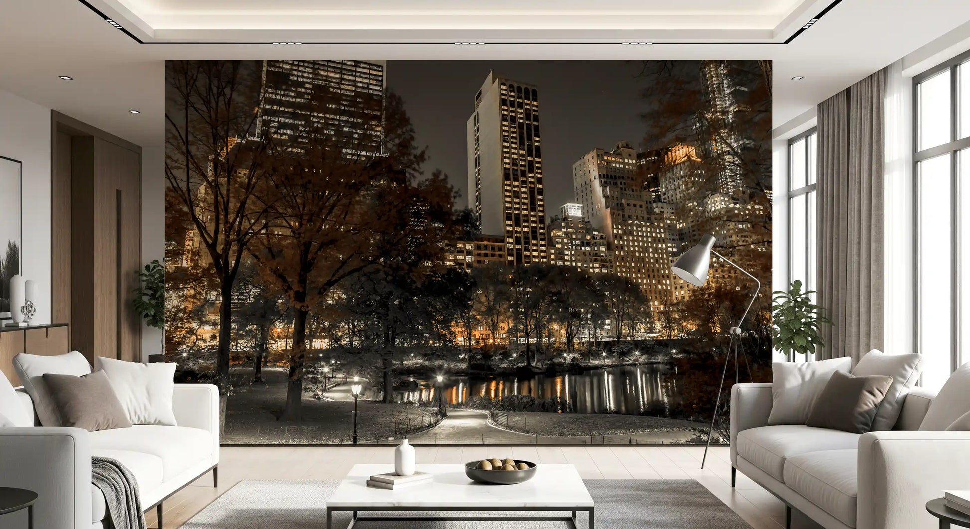 Pond reflections catch amber lamplight inside the Urban Oasis Nights wall mural pathway scene