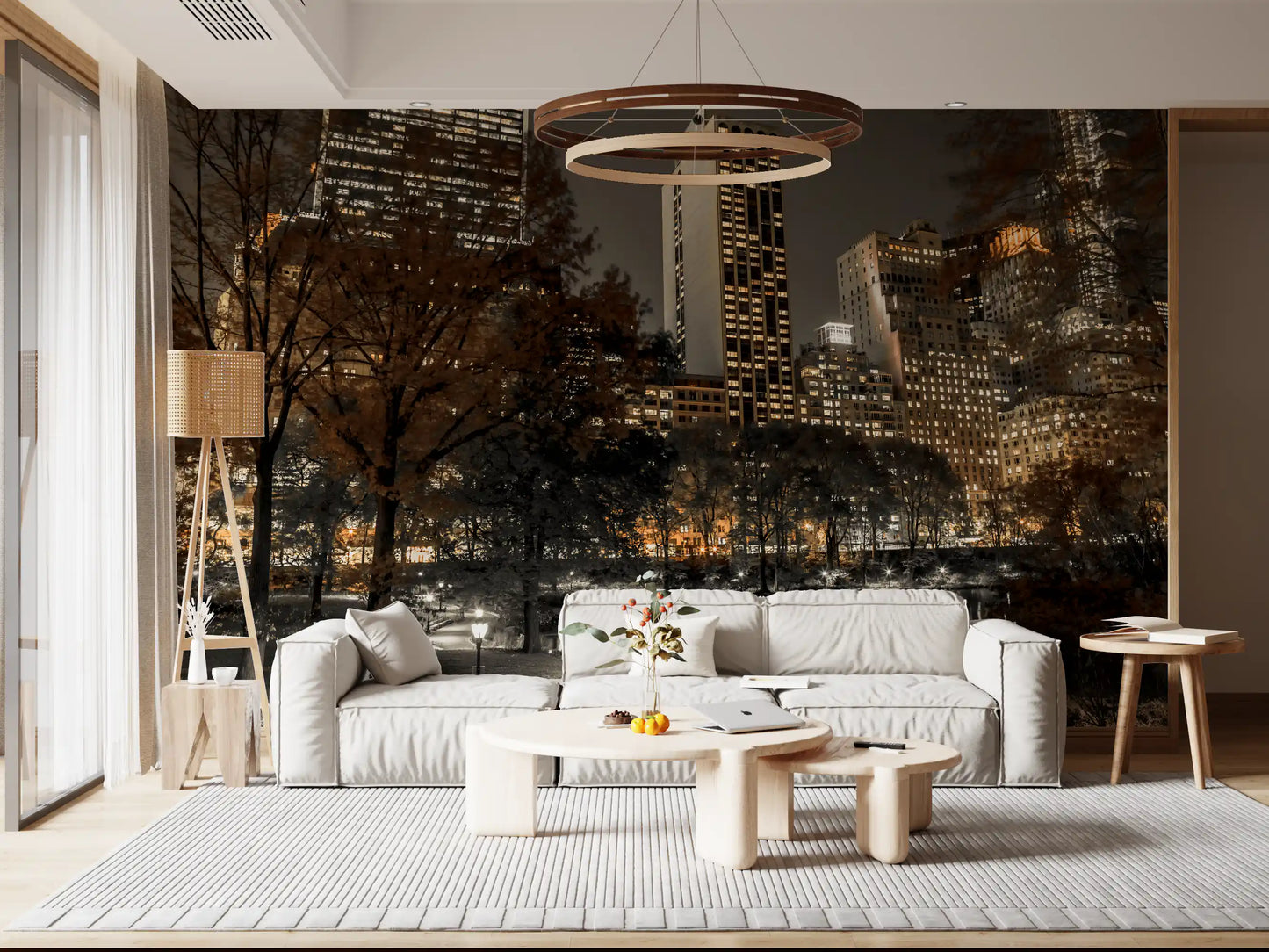 Dim sepia palette wraps the cityscape composition of the Urban Oasis Nights wall mural