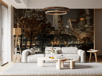 Dim sepia palette wraps the cityscape composition of the Urban Oasis Nights wall mural