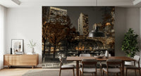 A muted dining room sits beneath the Urban Oasis Nights wall mural cityscape