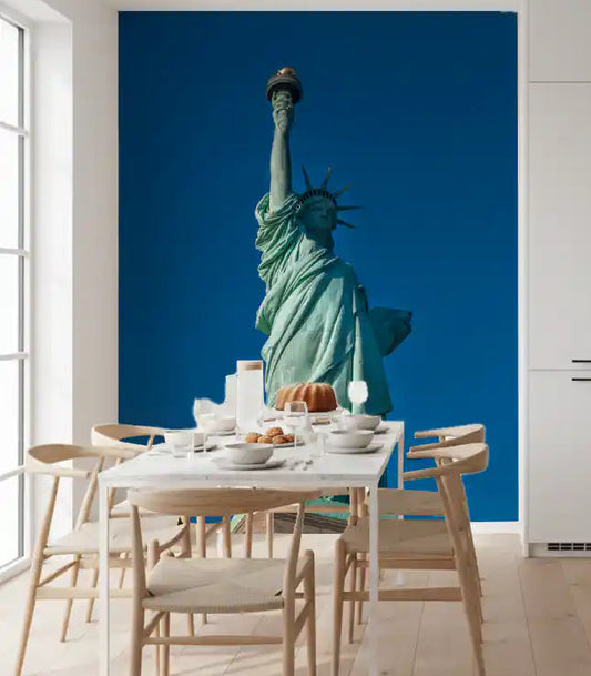 Set in a dining run, Liberty's Azure Grace wall mural shows a copper figure