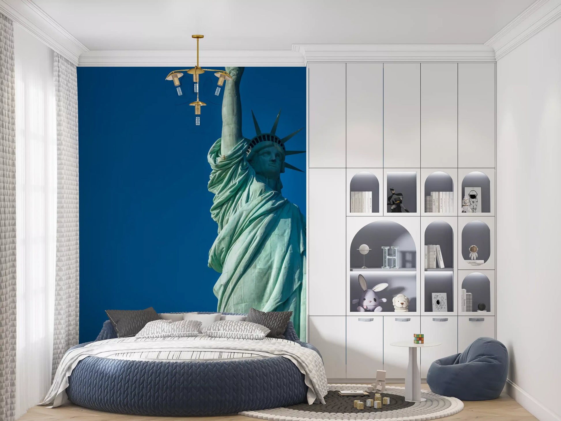Pedestal base supports the Liberty's Grace wall mural under a tall standing form
