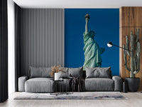 Rising arm and crown of the Liberty Grace wall mural fit a living room layout