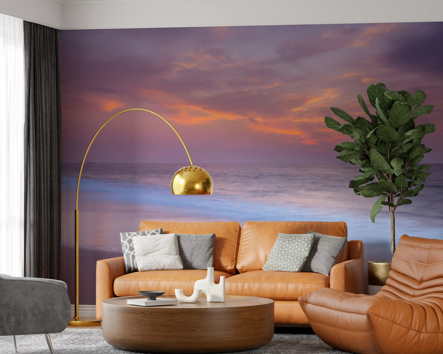 Pink-and-lilac dusk drifts over a lounge in the Pastel Beach Serenity wall mural.