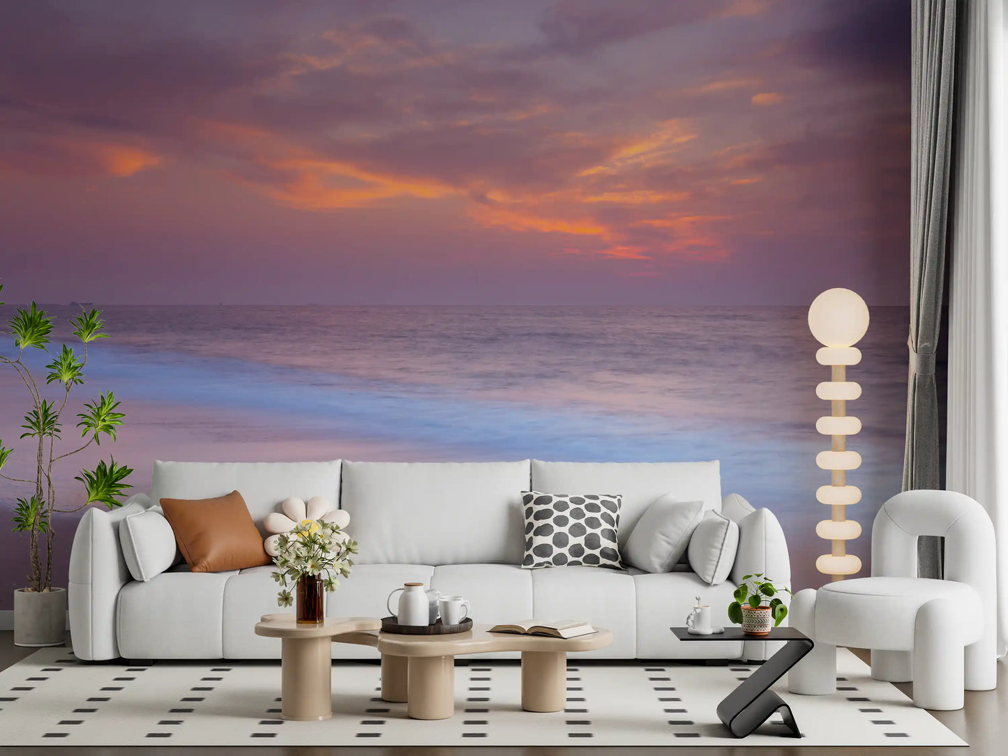 Pastel Beach Serenity wall mural opens up a calm living room with dusk-sky colour.