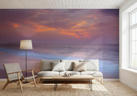 Twilight colour sits low in a Living room behind the Beach Serenity wall mural.