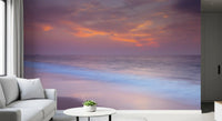 Dusk hovers over the Pastel Beach Serenity wall mural in pink, peach and lavender.