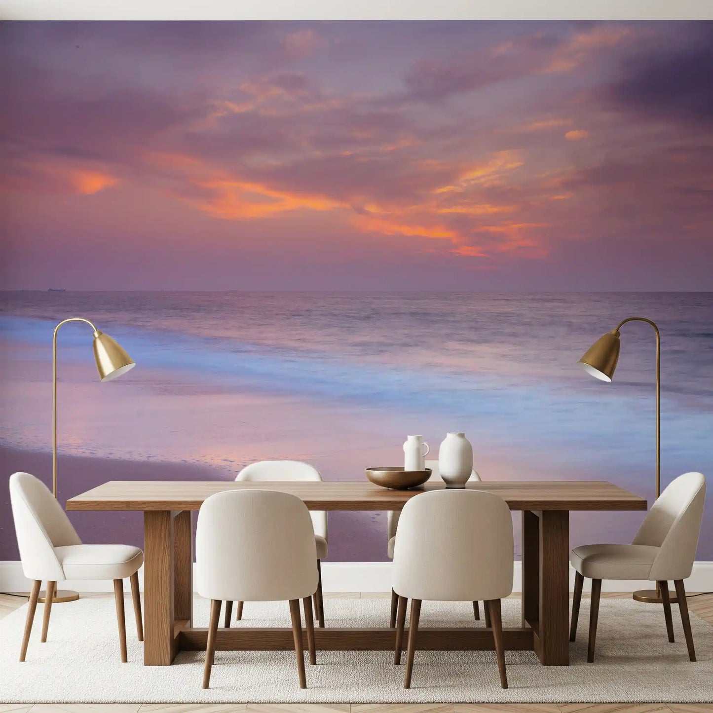 Coastal hush rests over a dining room with Pastel Beach Serenity wall mural visible.