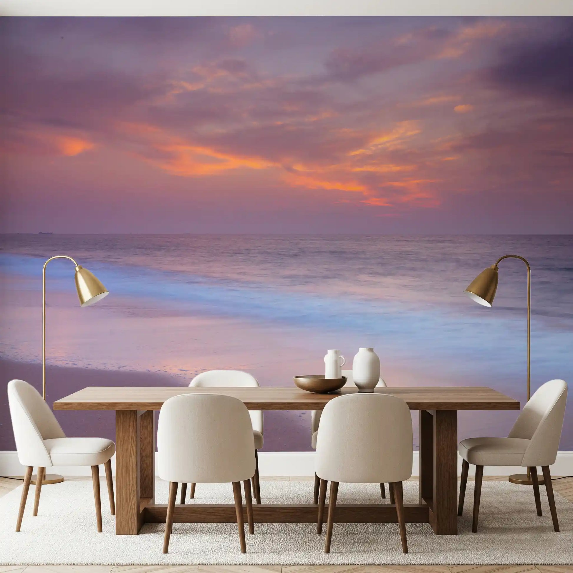 Coastal hush rests over a dining room with Pastel Beach Serenity wall mural visible.
