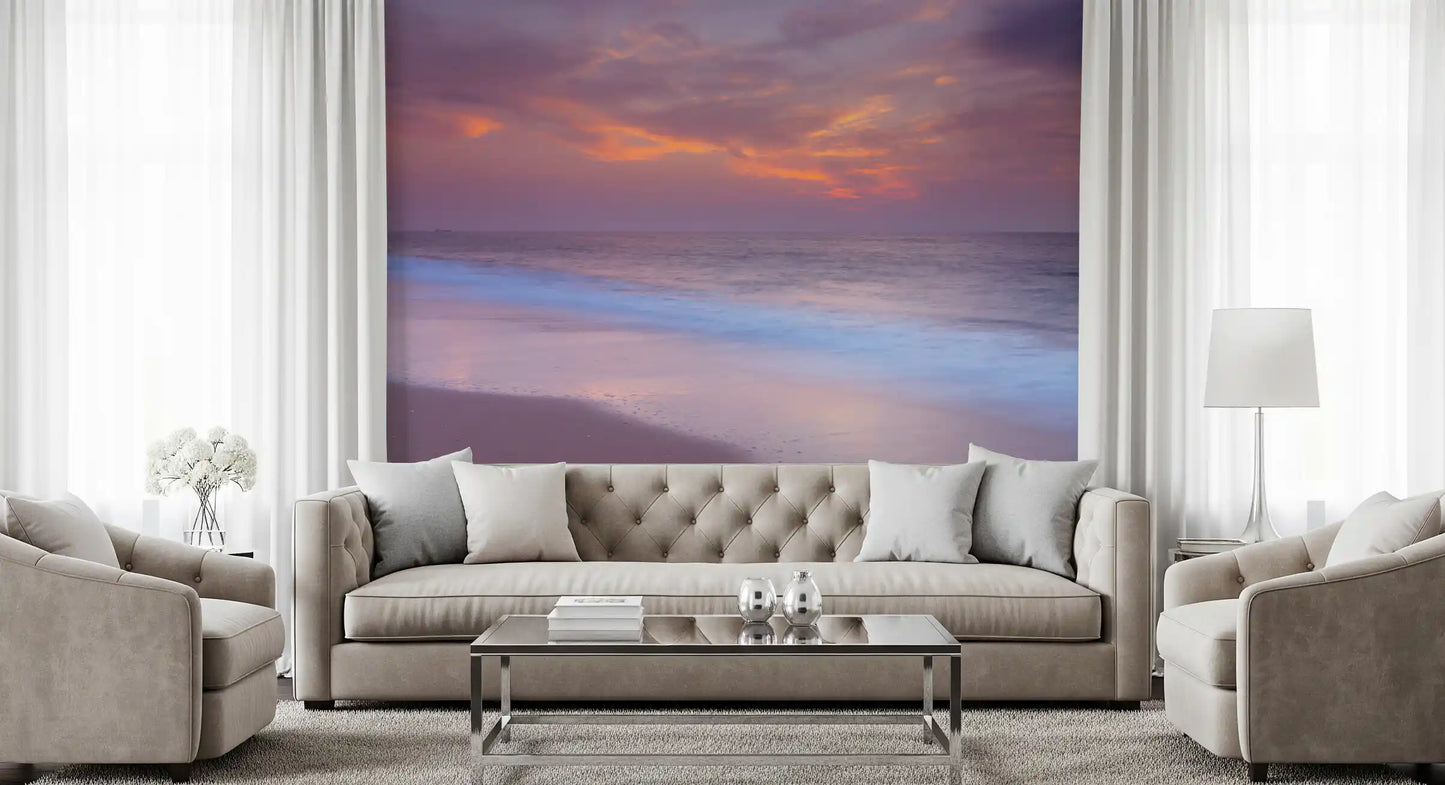 Long horizon line widens a living room with the Beach Serenity wall mural at full size.