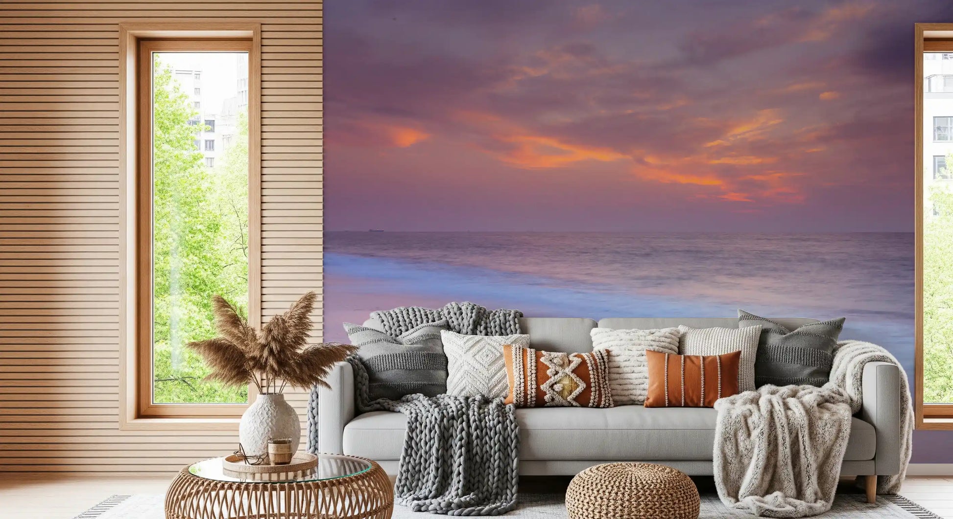 Warm gold and rose light fade into pale lilac over the Beach Serenity wall mural.