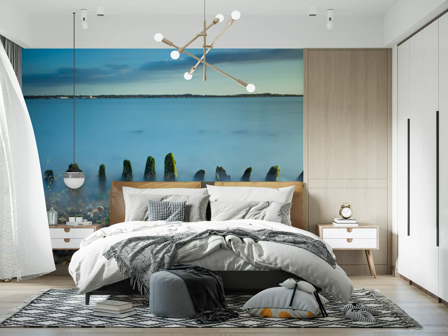 Hazy lake reflections fill a Bedroom within the Coastline landscape wall mural piece.