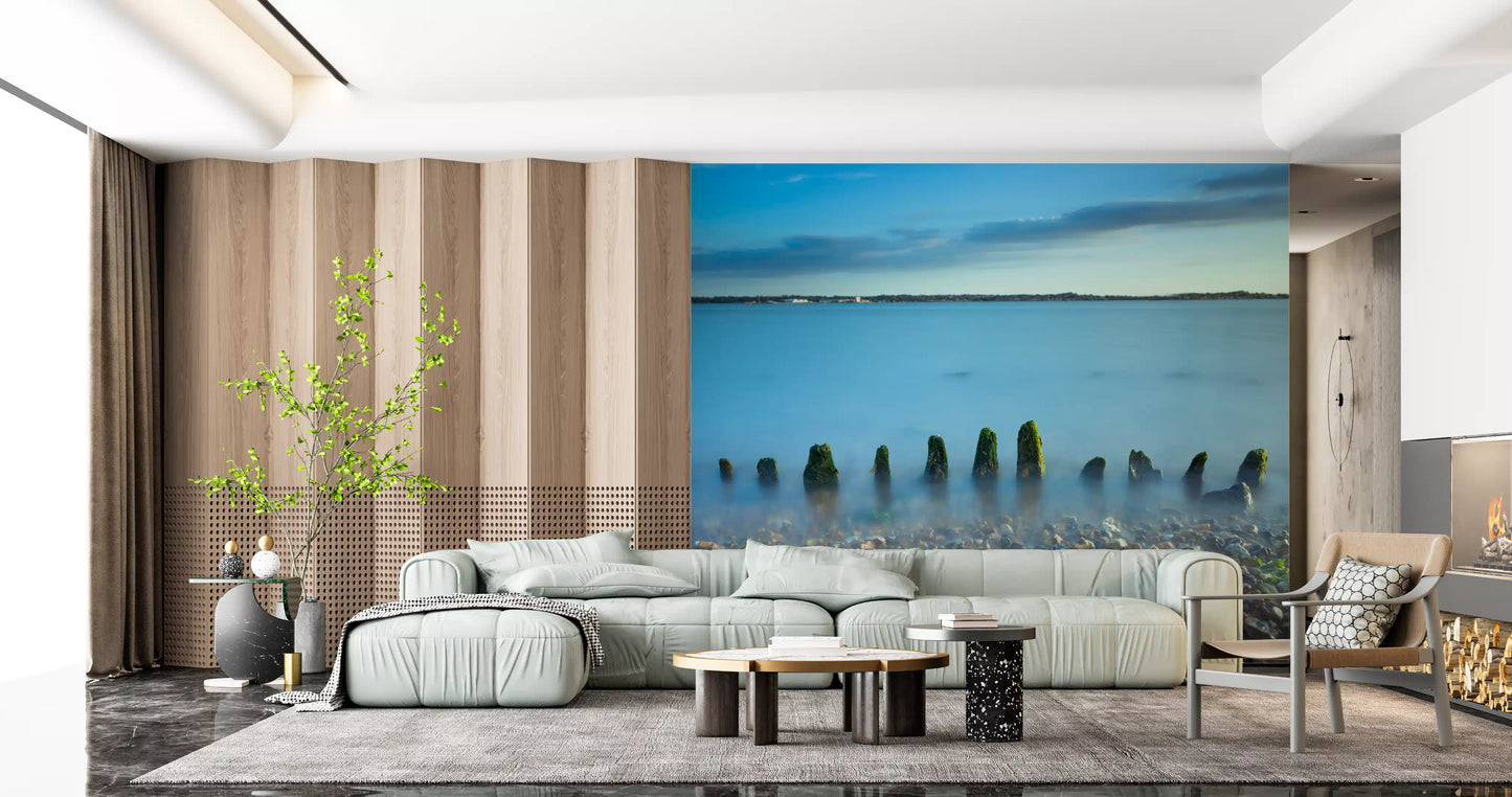 Mineral pebbles spread along the foreground of the Ethereal Coastline wall mural surface.