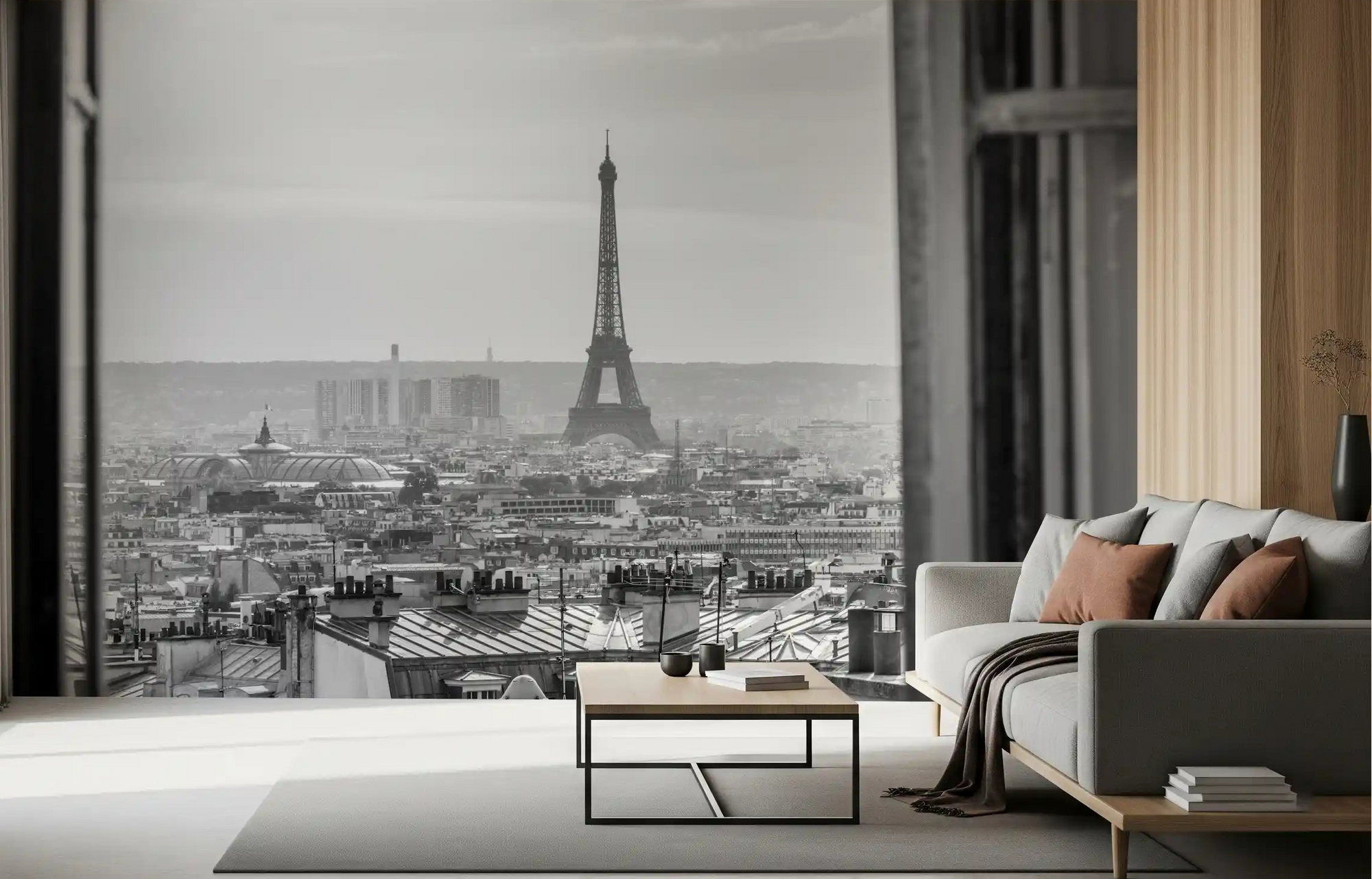 Eiffel skyline lifts a living room with the Parisian Window View wall mural look.