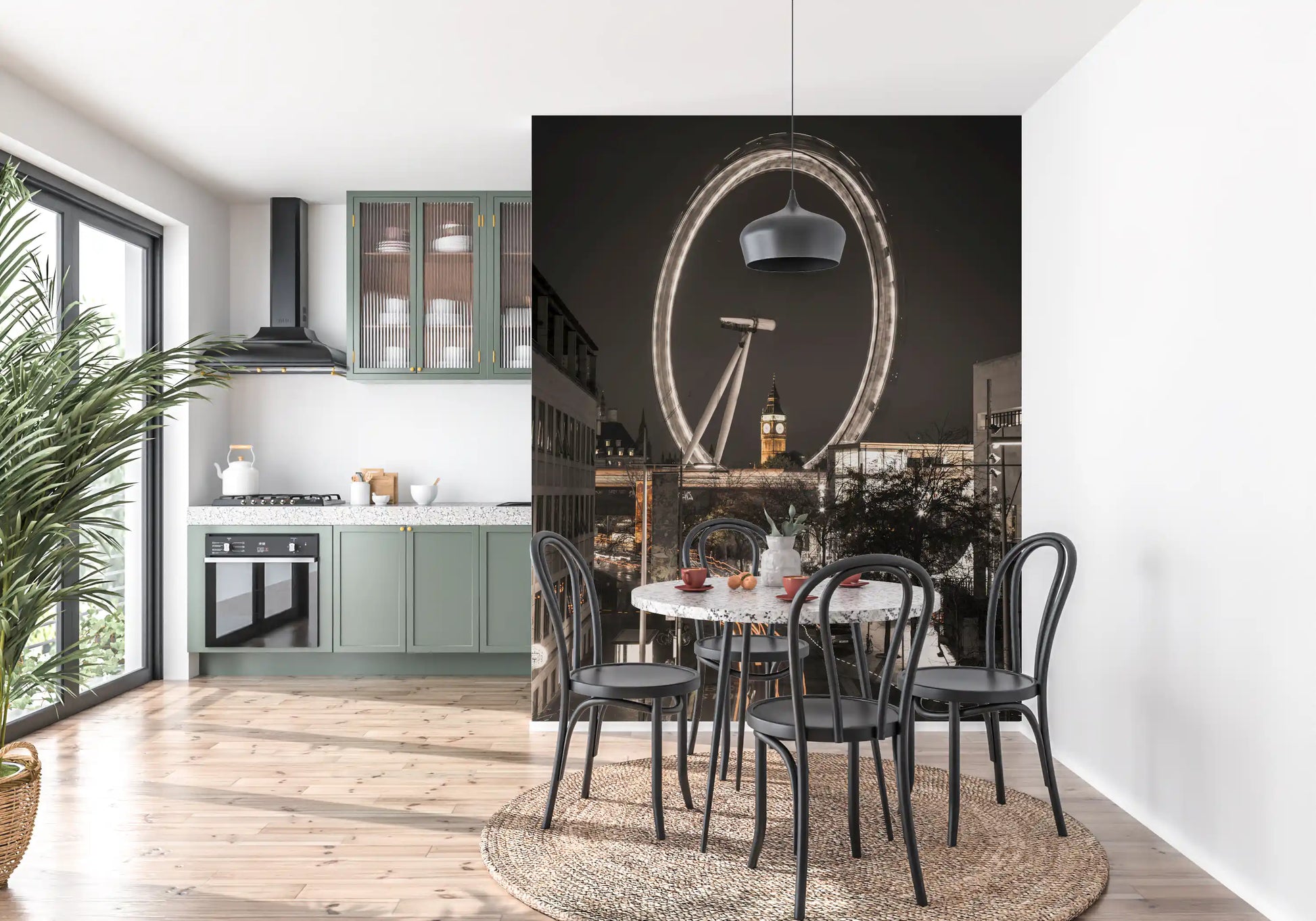 Stillness blankets the Big Ben & Thames Wheel wall mural across a Dining and kitchen area 