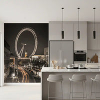 Within the Big Ben & Thames Wheel wall mural, streetlights trim a Kitchen with shadow