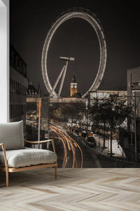 Dim cityscape mood fills the Big Ben & Thames Wheel wall mural with bronze evening air