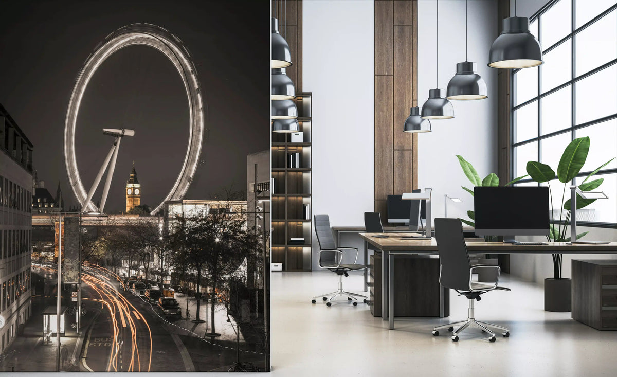 Spinning ferris arcs shine over a home office in the Big Ben & Thames Wheel wall mural