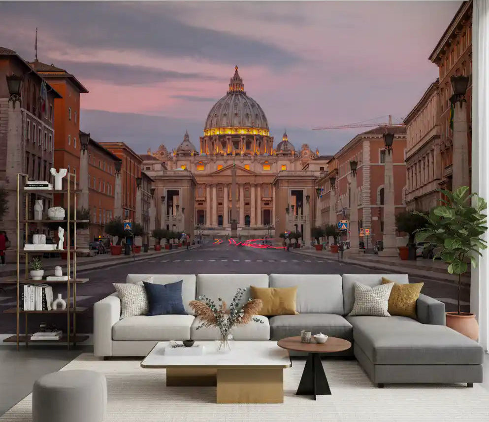 Toward the basilica, Twilight Grandeur wall mural opens a living room outlook