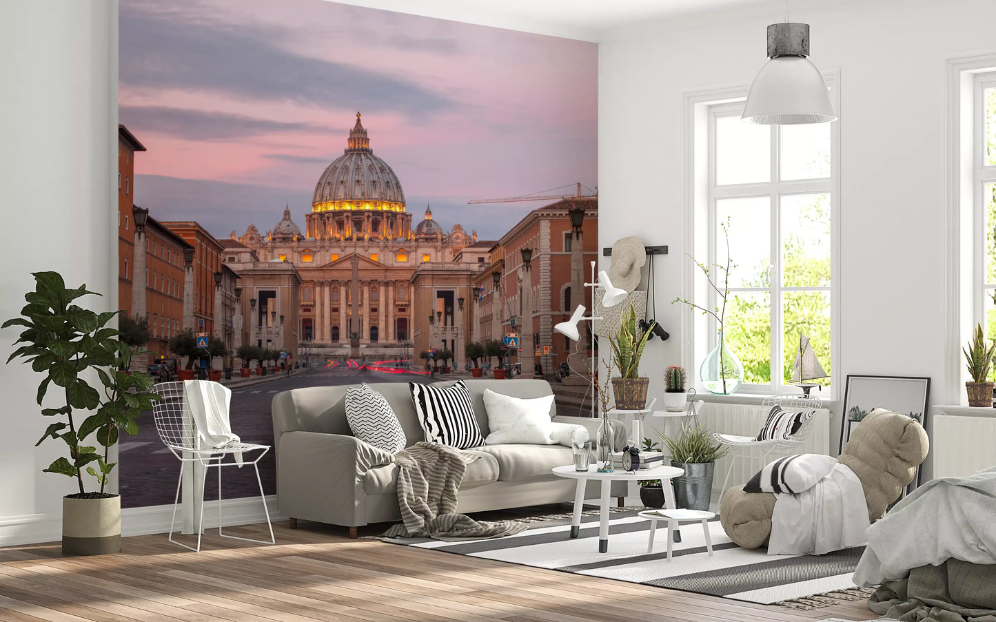 Pink horizon over the basilica in Twilight Grandeur wall mural fits a Living room