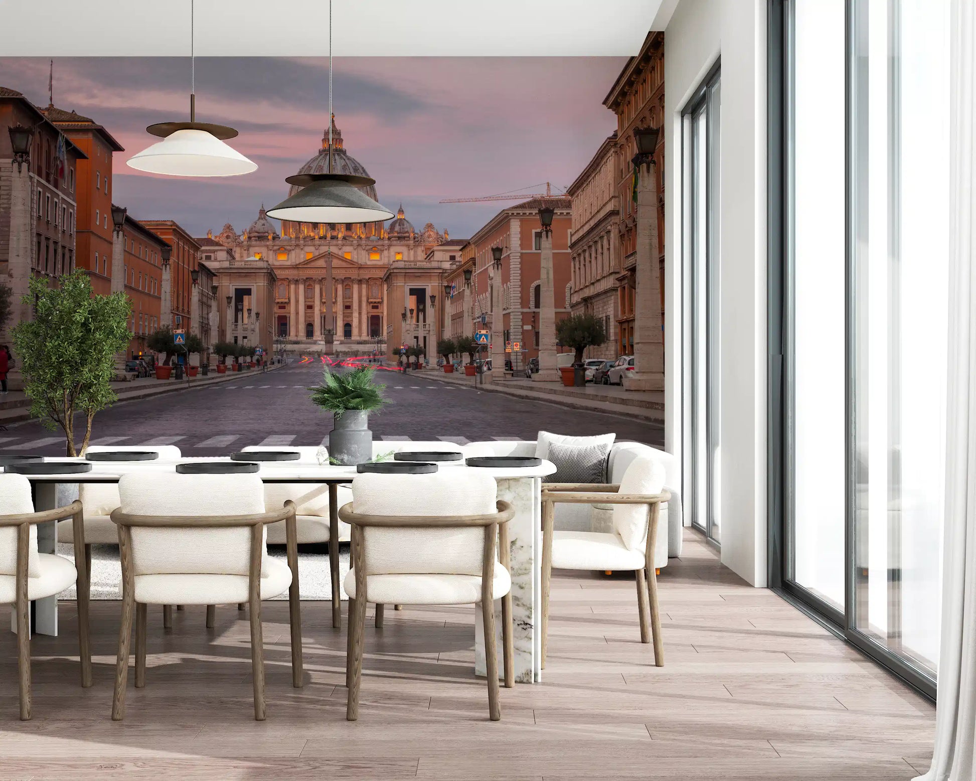 Dusk sky tones of the St Peter's Twilight Grandeur wall mural meet a dining room mood