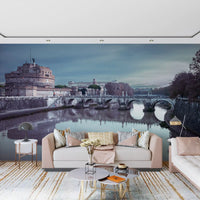 Riverbank stillness reaches across a Living room in the Castel Sant'Angelo wall mural.