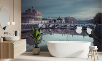 Old-world stone tones quiet a bathroom around the Roman Reflection wall mural.