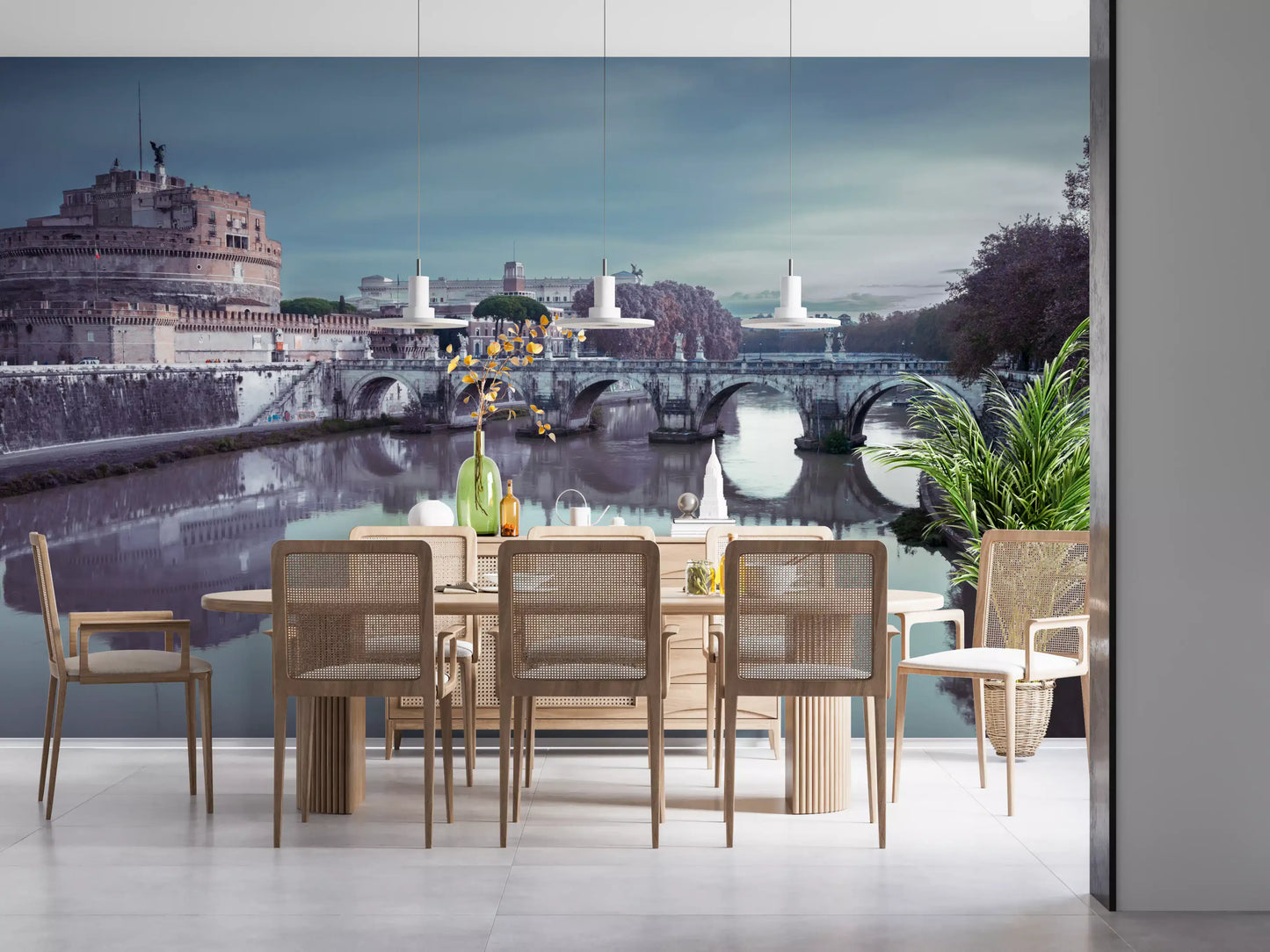 Five-arch bridge spans dusky water in the Castel Sant'Angelo wall mural.