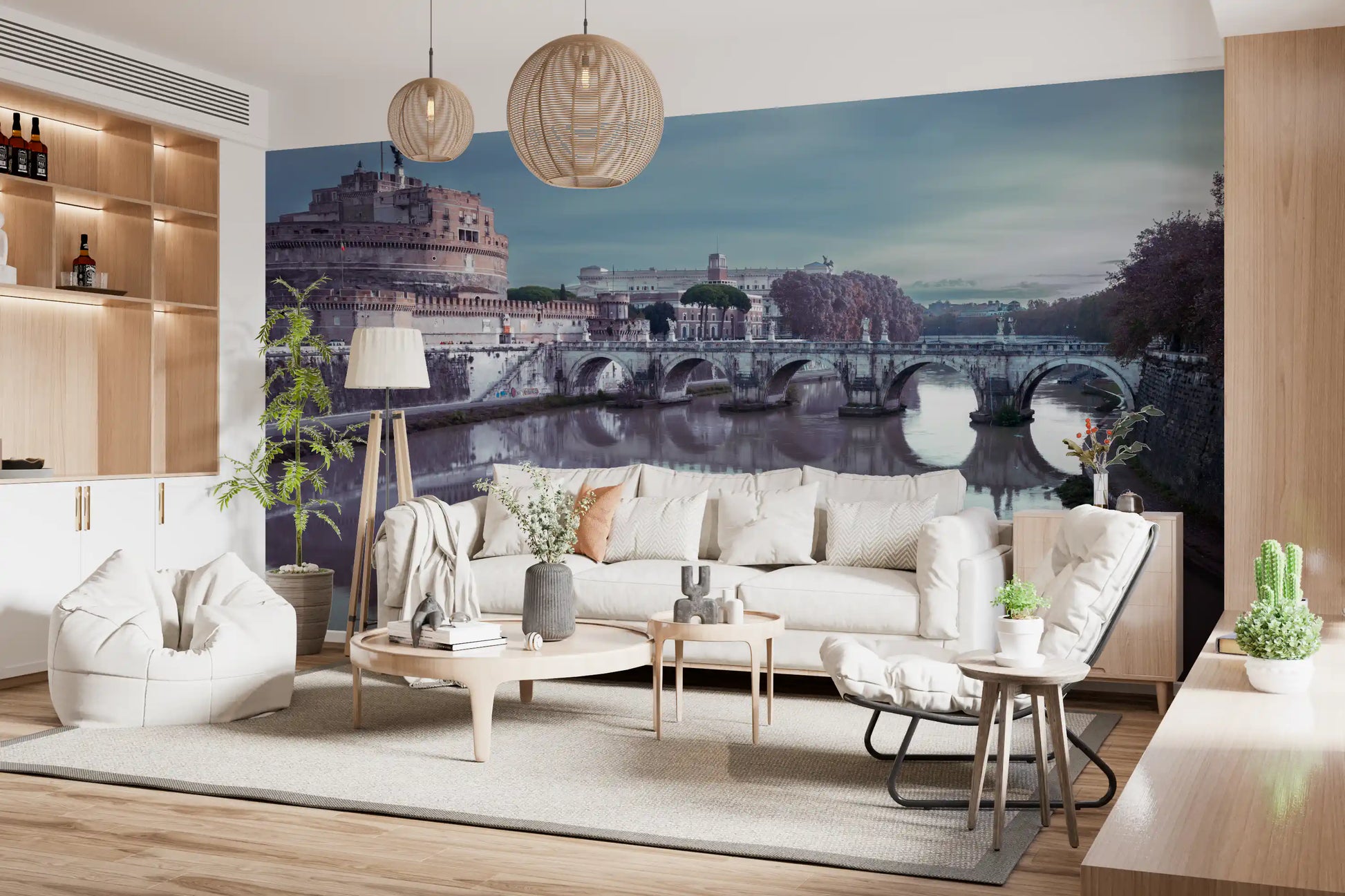 Castel Sant'Angelo crowns a living room in the Roman Reflection wall mural.