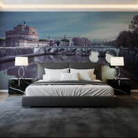 Mirror-still water doubles the bridge in the Castel Sant'Angelo wall mural.
