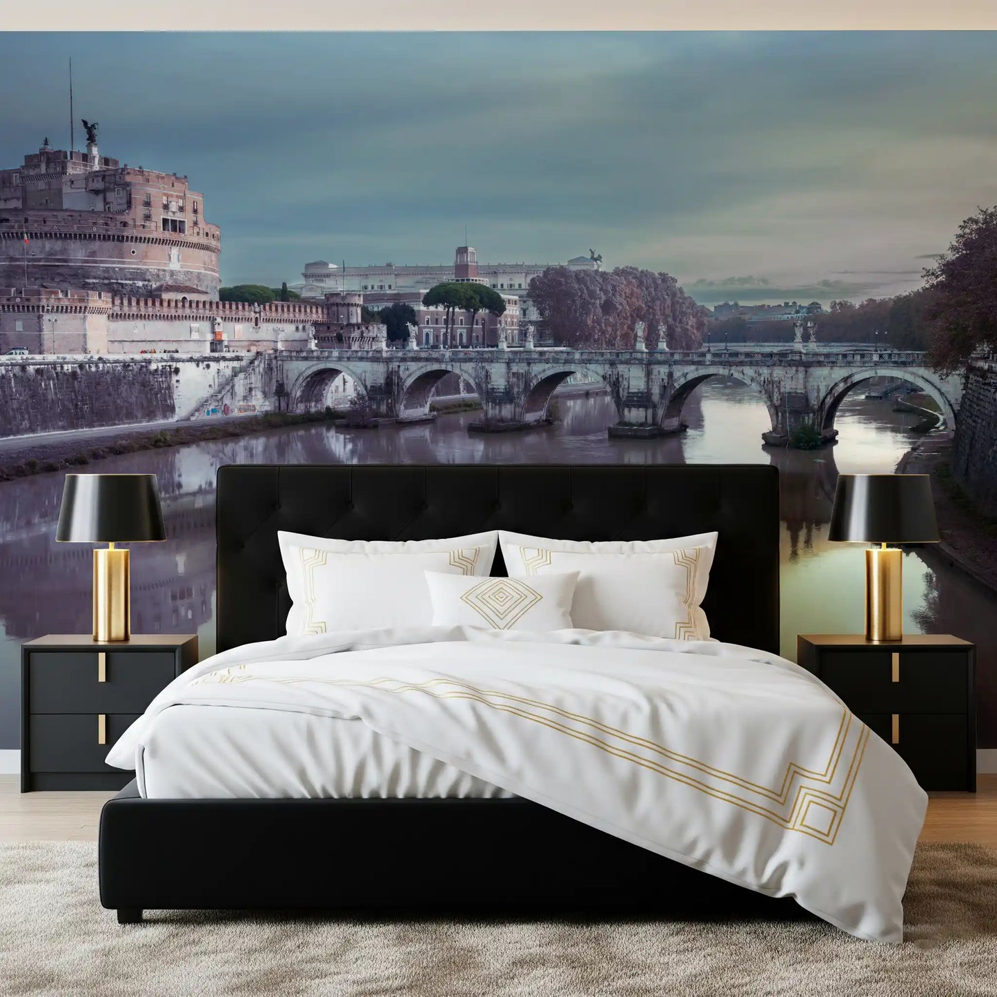 Late-day calm wraps a bedroom in the Castel Sant'Angelo wall mural.