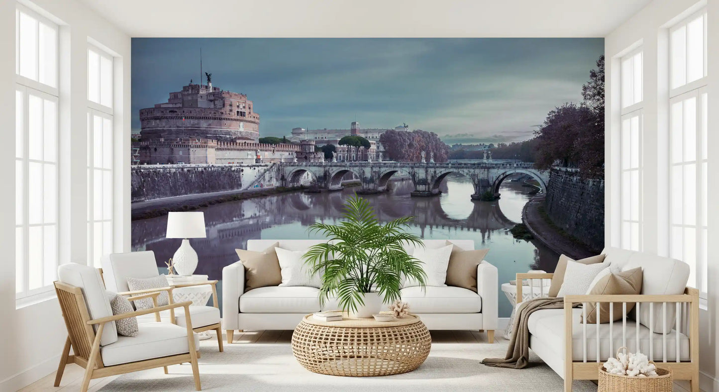Stone, sky and river tones come together in the Roman Reflection wall mural at twilight.