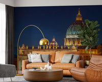 Amber window light spills from arched openings in this Vatican Night wall mural setup.