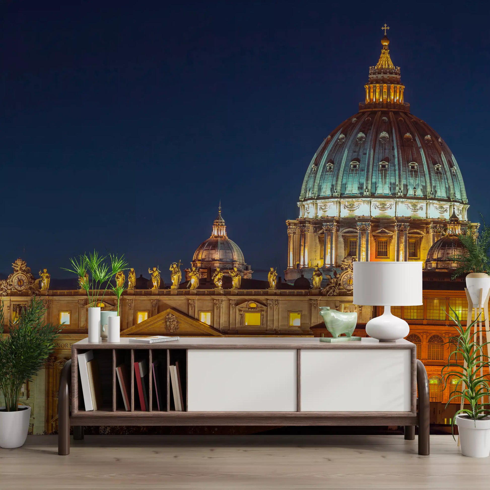 Vatican Night domes glow over a hallway backdrop in this Illuminated Majesty wall mural.
