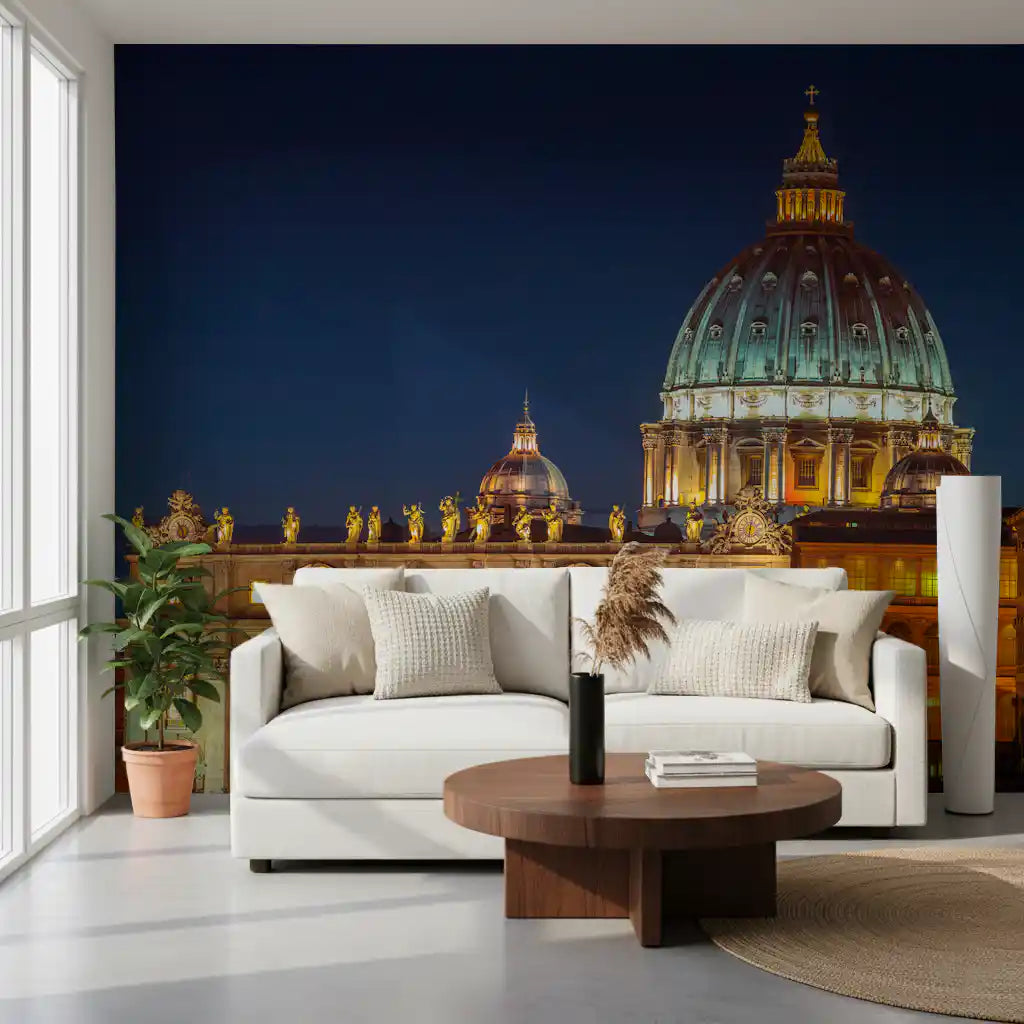 Statues line the rooftop edge in the Vatican Night Illuminated Majesty wall mural view.