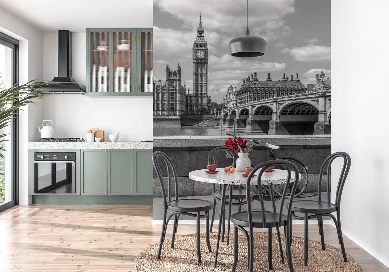 Westminster scene runs along a dining room with this London Love wall mural setup.