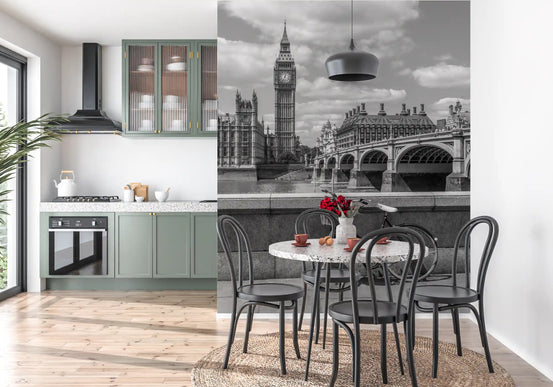 Westminster scene runs along a dining room with this London Love wall mural setup.