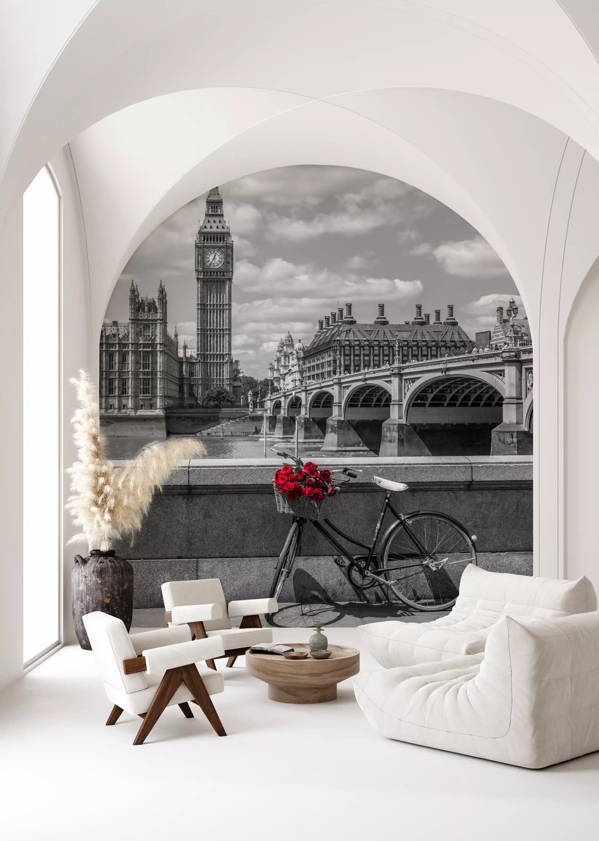 Crimson basket warms a living room within the London Love wall mural scene.