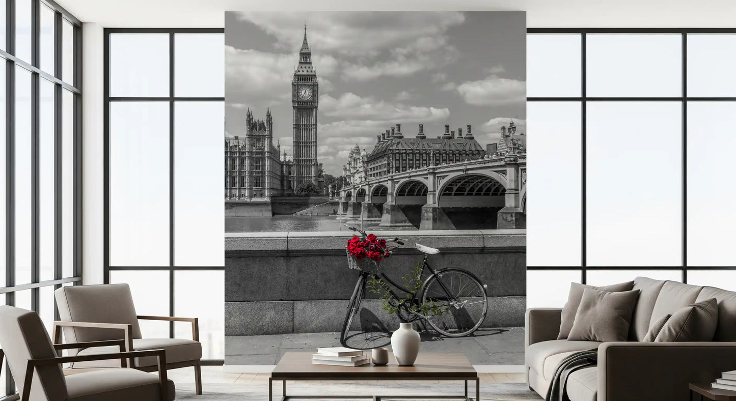 Big Ben dominates the London Love wall mural with a classic British outline.